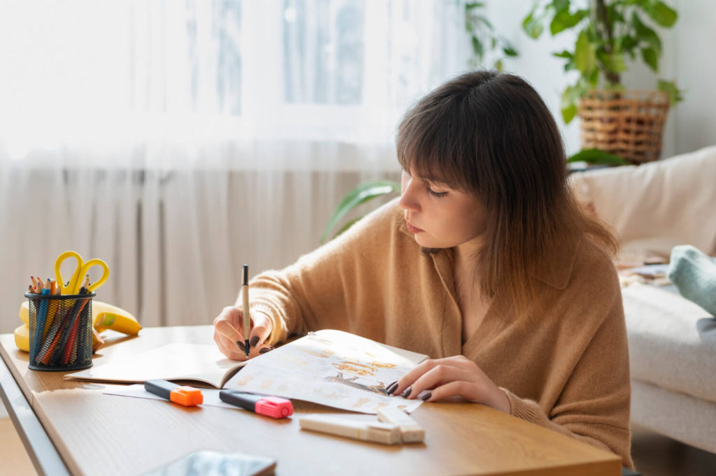 Write homework. Student study. Ребенок сидит учится за столом. Living is Learning.