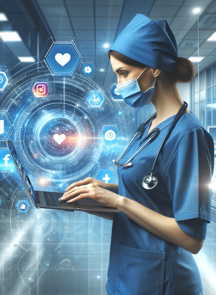 A-dynamic-image-depicting-the-theme-The-Power-of-Social-Media-for-Nurses.-It-shows-a-nurse-in-blue-scrubs-in-a-modern-hospital-setting-using-a-lap