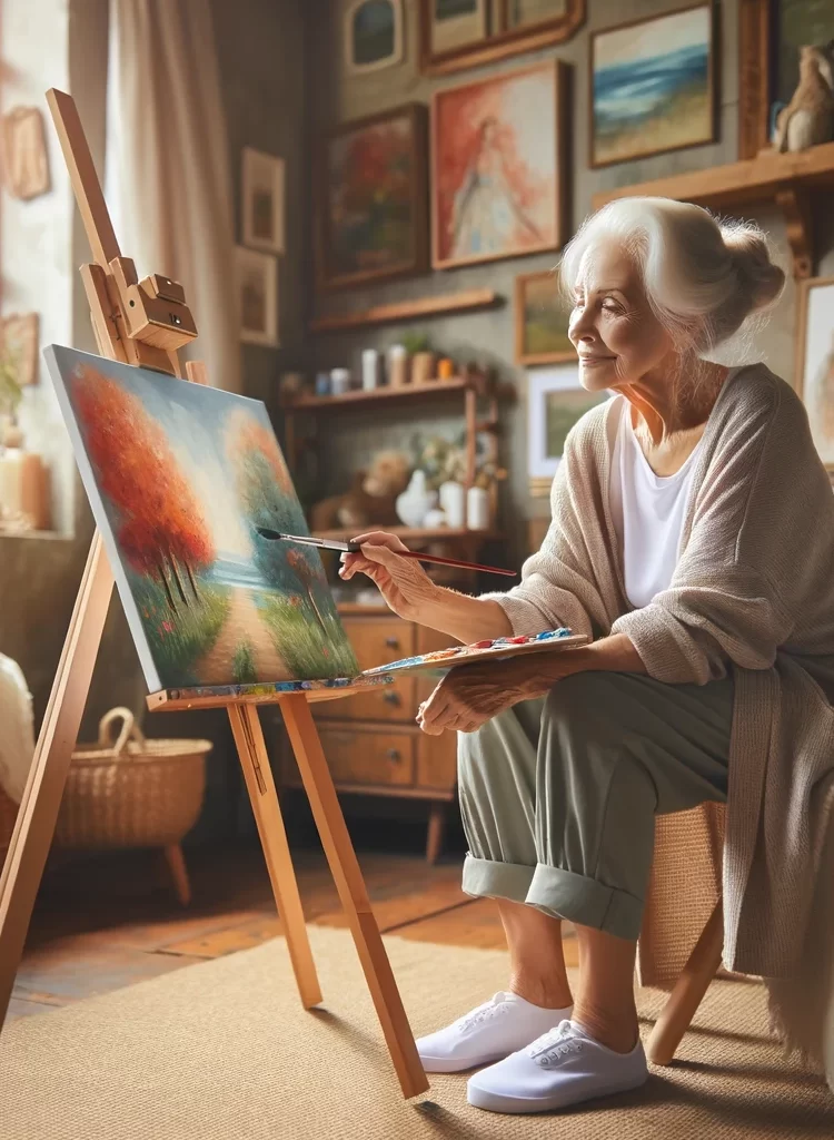 image-of-an-elderly-woman-in-her-cozy-house-sitting-comfortably-in-front-of-an-easel-deeply-engrossed-in-her-painting-hobby